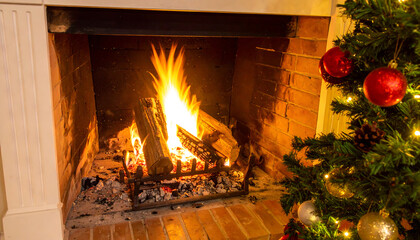 Cozy fireplace with christmas tree