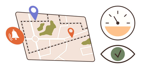 Map with location markers and paths, bell notification, speed gauge, and verified eye symbol. Ideal for navigation, tracking, notifications, monitoring, logistics user experience simple flat