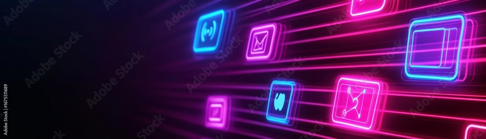Poster neon app icons on data stream, technology ,network
