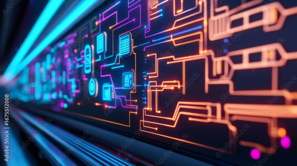 Aufkleber neon circuit board abstract tech data flow, data ,circuit