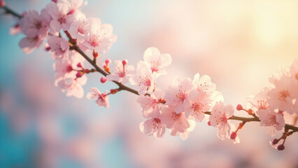 Delicate pink cherry blossom branch with soft petals and buds against a blurred sky background sakura
