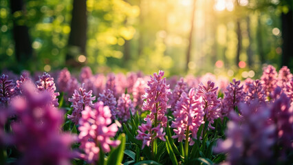 Obraz premium Field of blooming pink hyacinth flowers in sunlight with a blurred forest background and green foliage