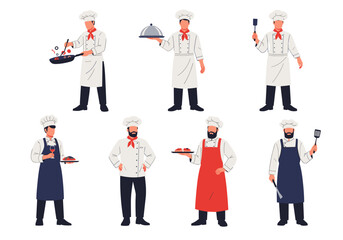 A collection of expert chefs demonstrating culinary skills and professional attire in various poses