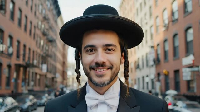 Bearded man wearing kippah and tefilin in traditional Jewish attire.
