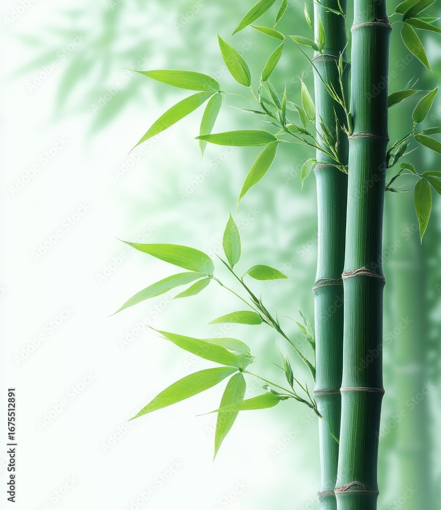 Poster close-up of vibrant green bamboo stalks and leaves with soft background shadows creating a calm and 