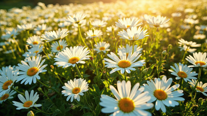Fototapeta premium Field of white daisies with yellow centers illuminated by sunlight in a natural outdoor setting flowers