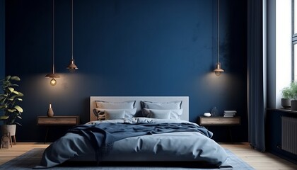 Dark bed and mockup dark blue wall in bedroom interior 