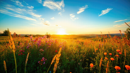 Golden hour sunset over field of wildflowers and tall grass under a blue sky with clouds sunrise