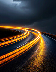 Curved road at night with light trails