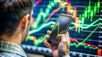 Closeup of a man intently studying stock market trading charts on a smartphone, with a large monitor displaying financial data in the background, highlighting realtime analysis