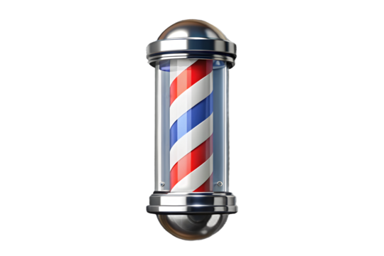 Barber pole rotating light stripe sign for hair salon 3d rendering isolated on transparent background
