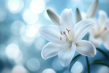 Fototapeta premium Close-up of a white lily flower with delicate petals and stamens against a soft blue bokeh background, evoking tranquility and purity