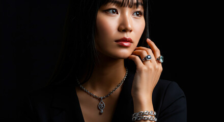 Obraz premium 黒バックでジュエリーを付けた女性の手のポーズ