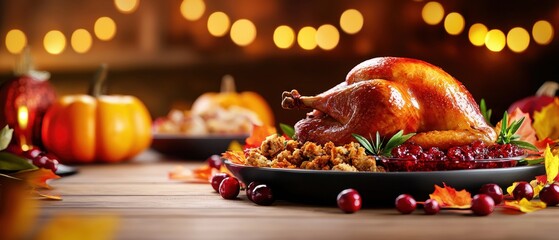 Festive Thanksgiving feast with roasted turkey and sides