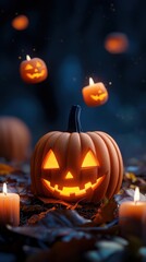 Fototapeta premium Spooky Halloween pumpkin with glowing candles in autumn setting
