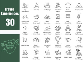 Travel Experiences Icon Set: 30 Line Art Vector Illustrations