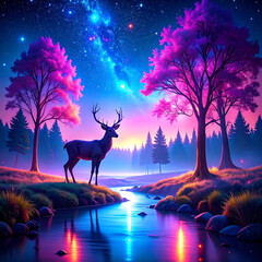 Deer by colorful river at dawn