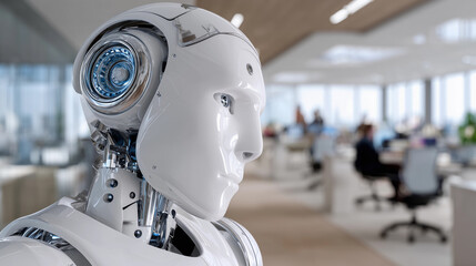 Fototapeta premium Futuristic humanoid robot with sleek design and advanced features, set in a modern office environment showcasing technology and innovation
