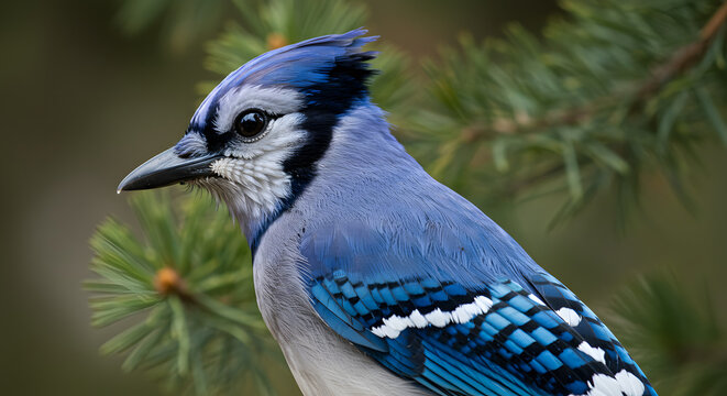 Striking Blue Jay with Pine Bokeh PNG - Powered by Adobe