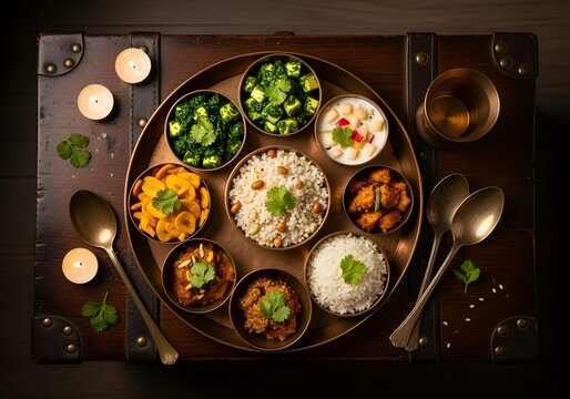 Navratri thali of Indian cuisine on a copper plate, antique presentation, arranged with traditional serving spoons, placed on a vintage wooden chest, dim light from an oil lamp, night