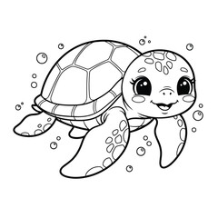 Vector illustration of cute cartoon turtle swimming in the sea