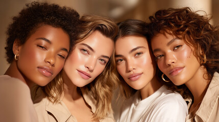 Obraz premium Group of diverse women with radiant skin and stylish hair, posing together in a warm, inviting atmosphere, showcasing beauty and friendship