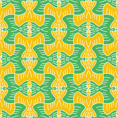 seamless pattern featuring stylized birds in shades of gold and green. The birds are depicted in a symmetrical, almost tessellated arrangement, creating a continuous and repetitive design.
