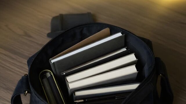 Books and stationery in tote bag on wooden surface