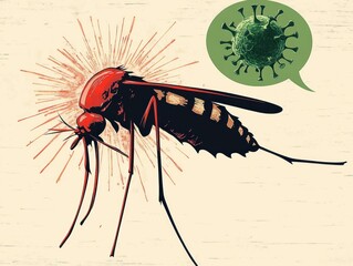 Illustration of a large mosquito with a red glow behind its head and a thought bubble containing a green virus representation, symbolizing disease transmission