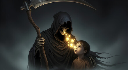 Grim Reaper Looming Over Child with Golden Orbs Falling from Cloak in Dark Scene