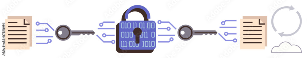Poster central lock with binary code, keys connecting two documents, and cloud renewal arrows. ideal for se