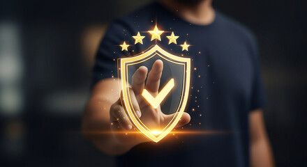 Golden Assurance Hand Protecting Shield with Checkmark and Five Stars Quality Guarantee Trust Security Success Business