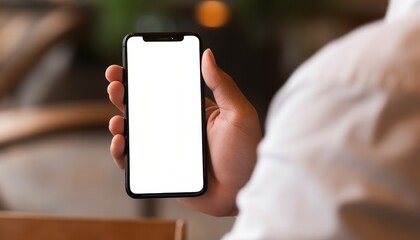 Over shoulder view of man using smartphone with blank screen for your advertise or text message