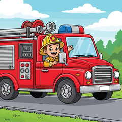 Vector illustration of cartoon firefighter driving a fire truck on the road with trees around