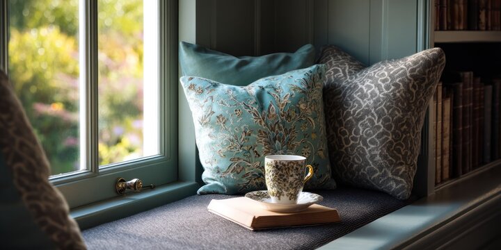 Window seat reading corner with soft cushions and a cup of tea