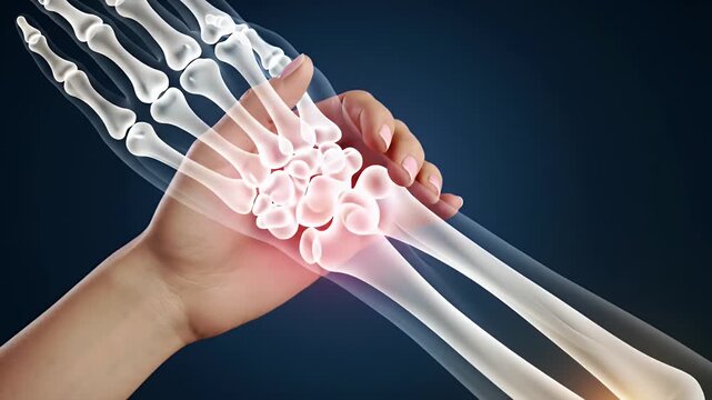 Human Hand Wrist XRay Anatomy with Glowing Bones and Dark Background