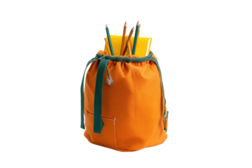 Orange Drawstring Backpack with School Supplies