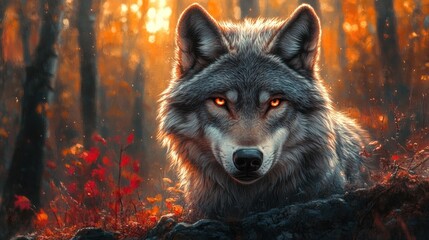 Majestic wolf in autumn forest