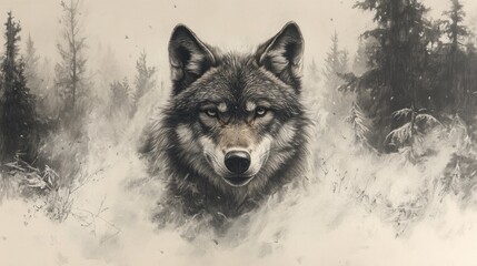 Gray wolf portrait in misty forest