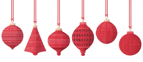 Red Geometric Christmas Ornaments Hanging Against Black Background