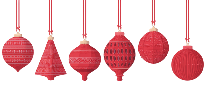 Red Geometric Christmas Ornaments Hanging Against Black Background