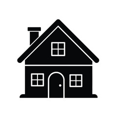 Simple black silhouette of a cozy two story house with chimney and windows on white background