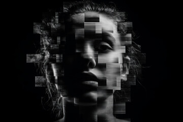 Ritratto artistico di volto femminile frammentato in pixel, concetto di identit&agrave; digitale e realt&agrave; virtuale