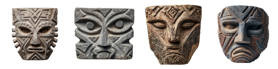 four intricately carved stone masks showcasing diverse expressions on transparent background