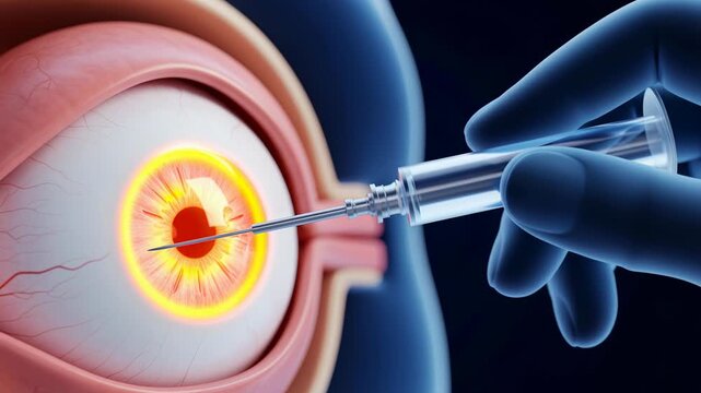 Holographic illustration of intravitreal injection technique into the eye demonstrating needle insertion and vitreous humor access