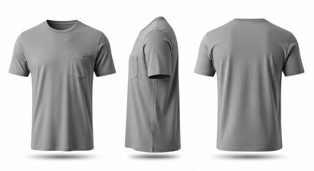 Naklejka premium Gray Pocket T-Shirt Mockup: Front Side and Back Views on White Background.