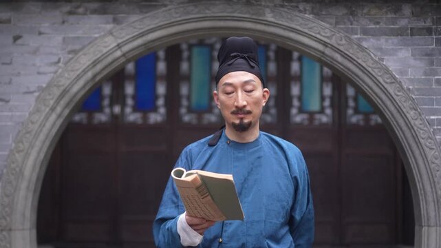 Qing dynasty scholar holding a scroll standing before an arched ancient architectural entrance