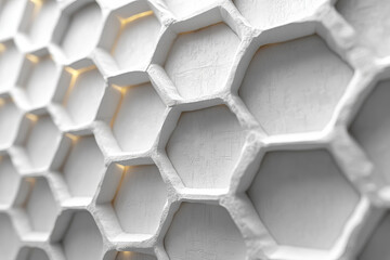 White honeycomb texture with hexagonal cells pattern creating abstract minimal geometric background for modern design decoration architecture and packaging mockup