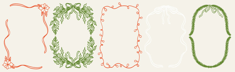Christmas decorative frames with fir tree branches, bow and ribbon, mistletoe and lights in vintage doodle style for poster, placards and invitation cards. New Year design holiday frame vector set.