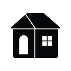 Simple black silhouette of a house with a pitched roof arched doorway and square window on a white background